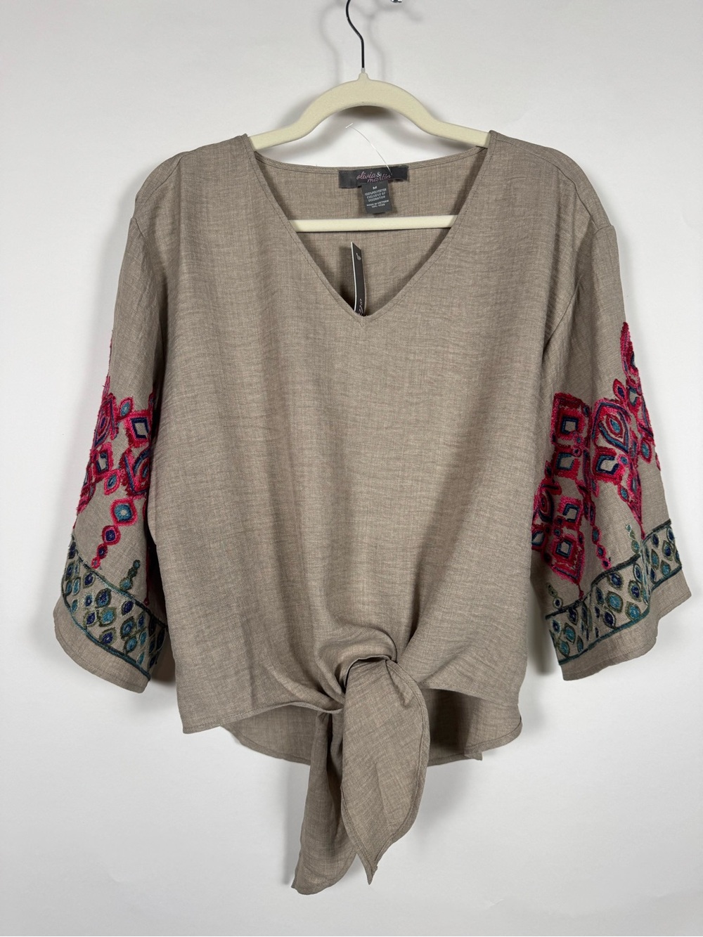 Olivia & Martin NWT Embroidered Bell Sleeve Tie Front Blouse MED Boho Festival